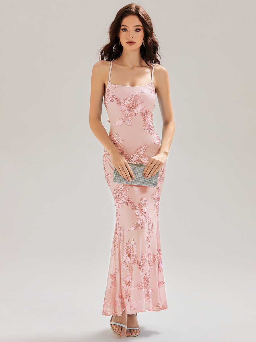 Color=Pink | Custom Solutions Adjustable Spaghetti Strap Backless Fishtail Maxi Evening Dresses-Pink 12