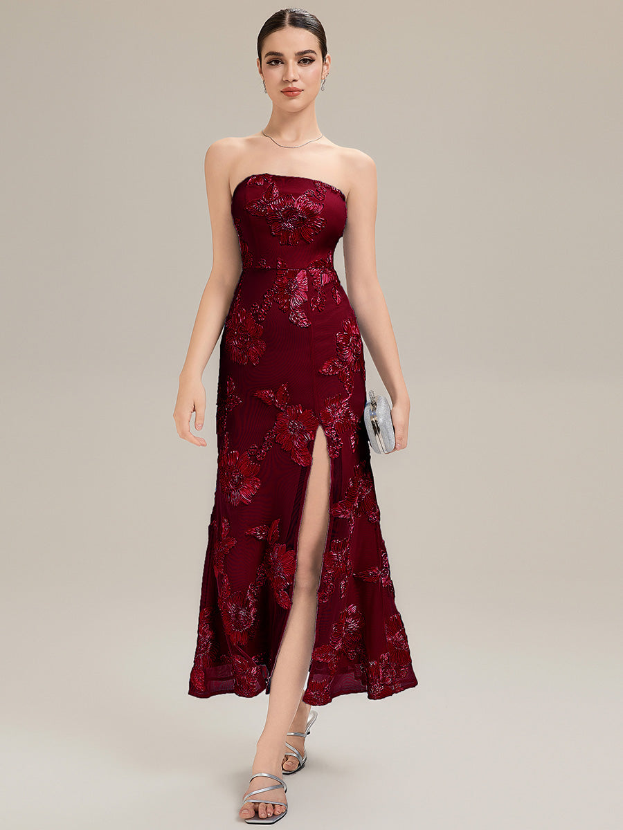 Color=Burgundy | Custom Solutions Strapless High Stretch Bodycon Maxi Dress with Thigh-High Slit Evening Dresses-Burgundy 1