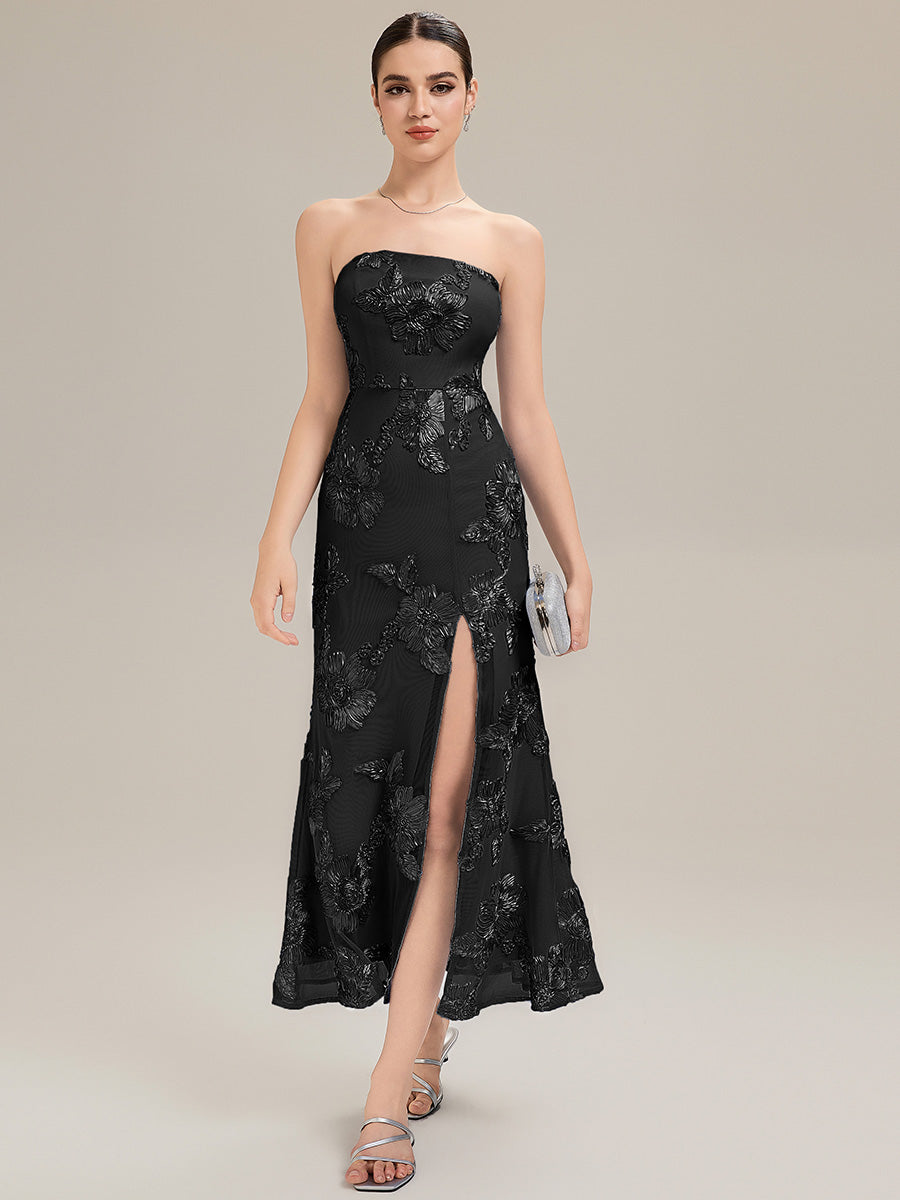 Color=Black | Custom Solutions Strapless High Stretch Bodycon Maxi Dress with Thigh-High Slit Evening Dresses-Black 4
