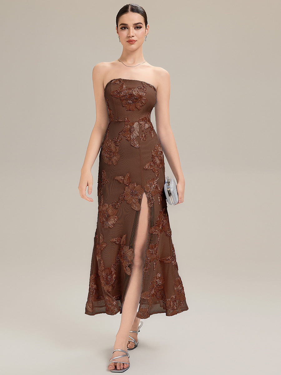 Color=Brown | Custom Solutions Strapless High Stretch Bodycon Maxi Dress with Thigh-High Slit Evening Dresses-Brown 7