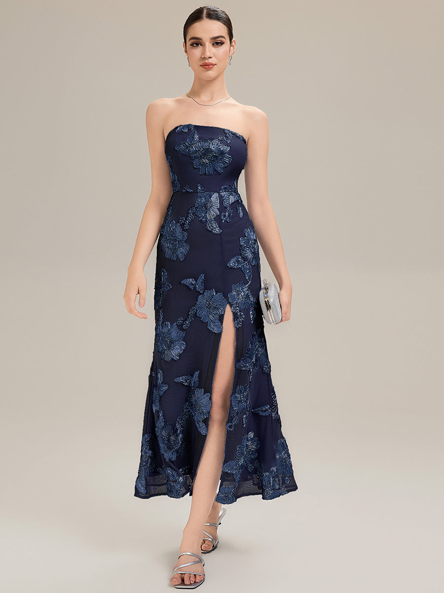 Color=Navy Blue | Custom Solutions Strapless High Stretch Bodycon Maxi Dress with Thigh-High Slit Evening Dresses-Navy Blue 15