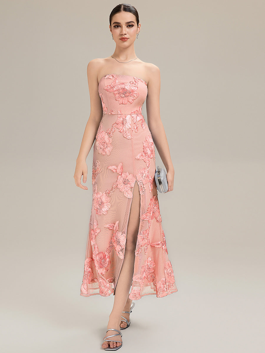 Color=Pink | Custom Solutions Strapless High Stretch Bodycon Maxi Dress with Thigh-High Slit Evening Dresses-Pink 18