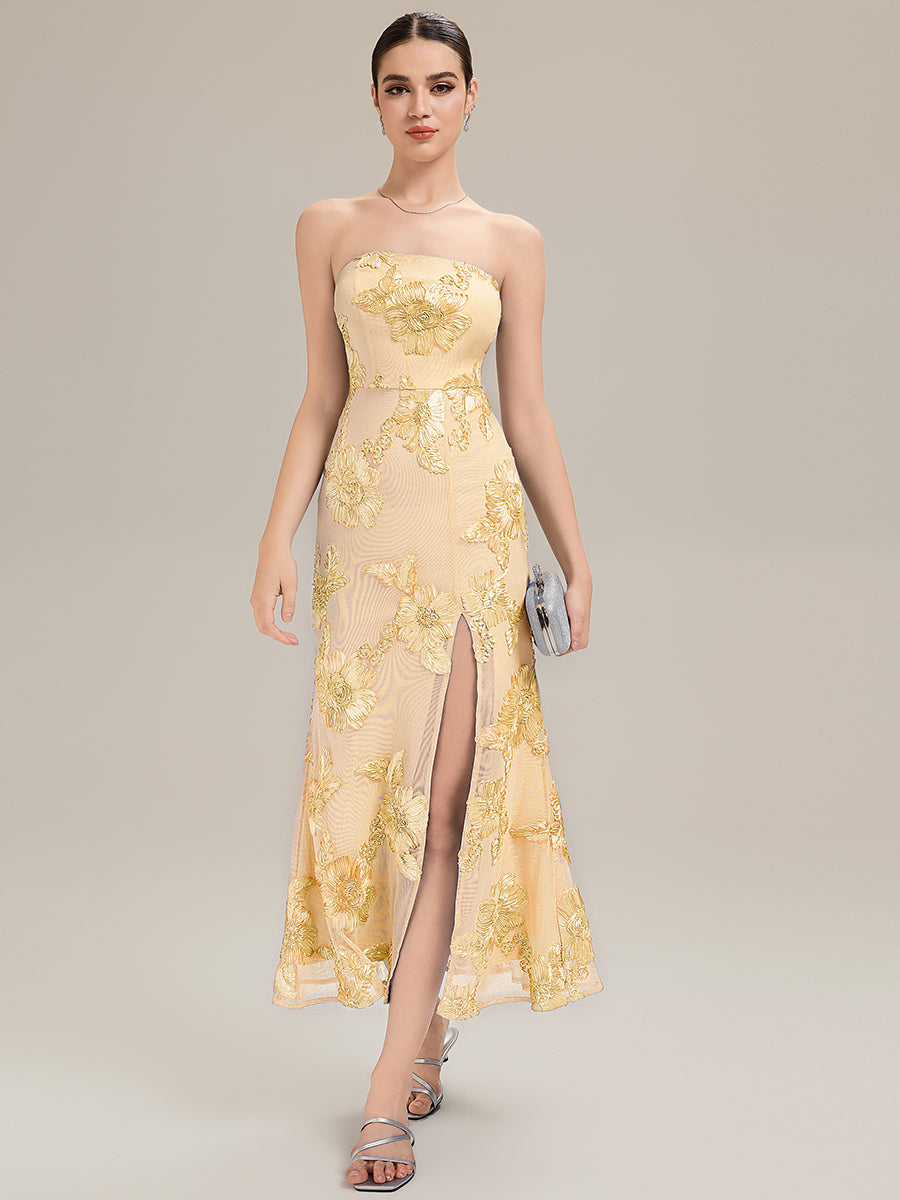 Color=Yellow | Custom Solutions Strapless High Stretch Bodycon Maxi Dress with Thigh-High Slit Evening Dresses-Yellow 21