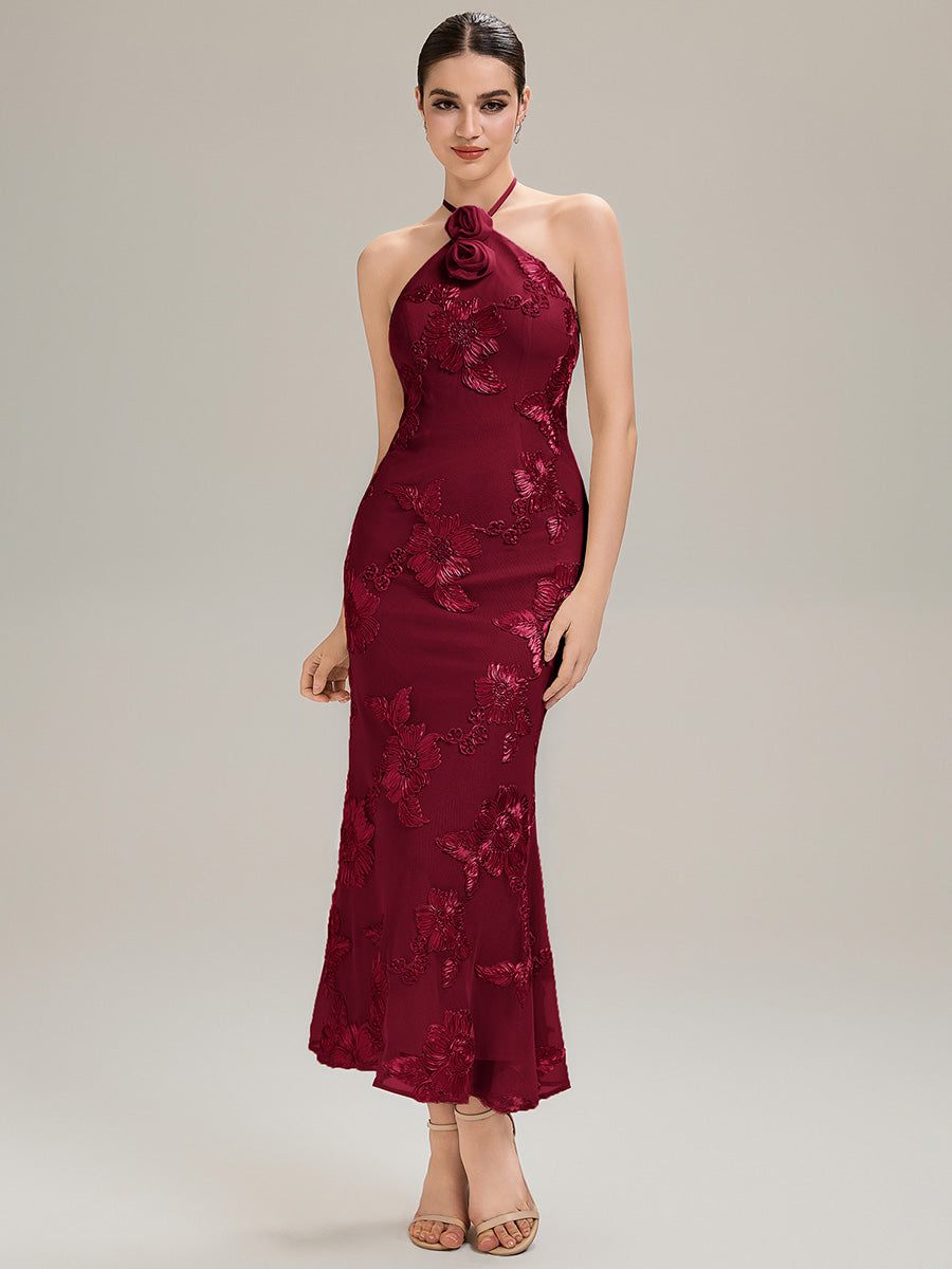 Color=Burgundy | Custom Solutions Sleeveless Halter Neck Floral Fishtail High Stretch Evening Dresses-Burgundy 1