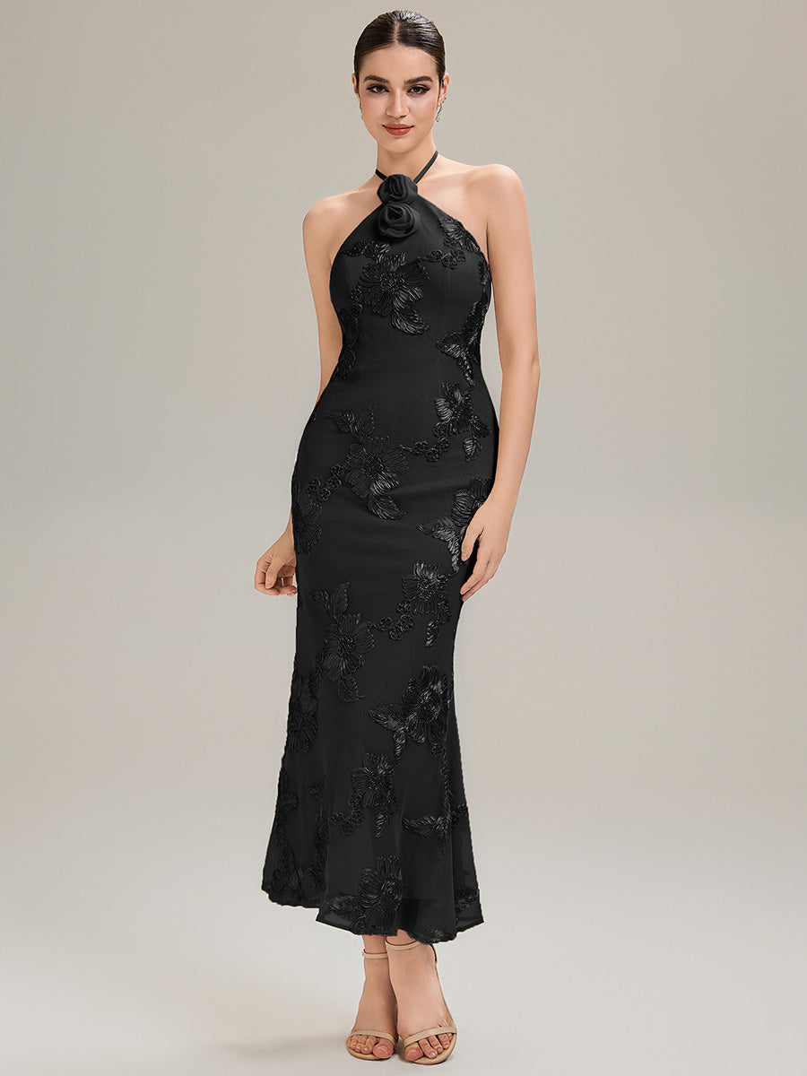 Color=Black | Custom Solutions Sleeveless Halter Neck Floral Fishtail High Stretch Evening Dresses-Black 4