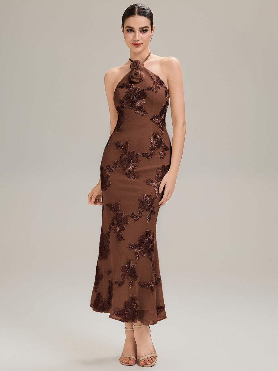 Color=Brown | Custom Solutions Sleeveless Halter Neck Floral Fishtail High Stretch Evening Dresses-Brown 7