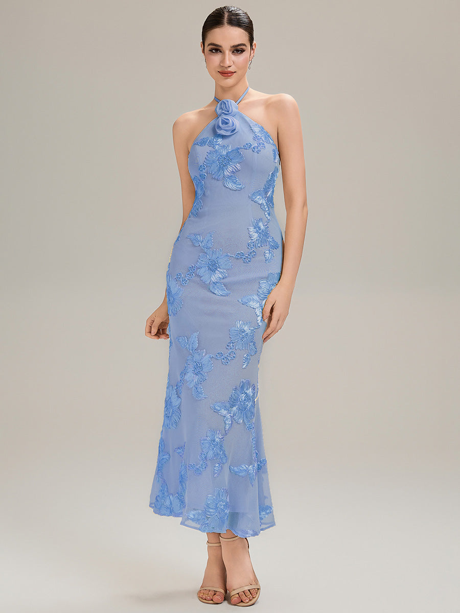 Color=Ice Blue | Custom Solutions Sleeveless Halter Neck Floral Fishtail High Stretch Evening Dresses-Ice Blue 10