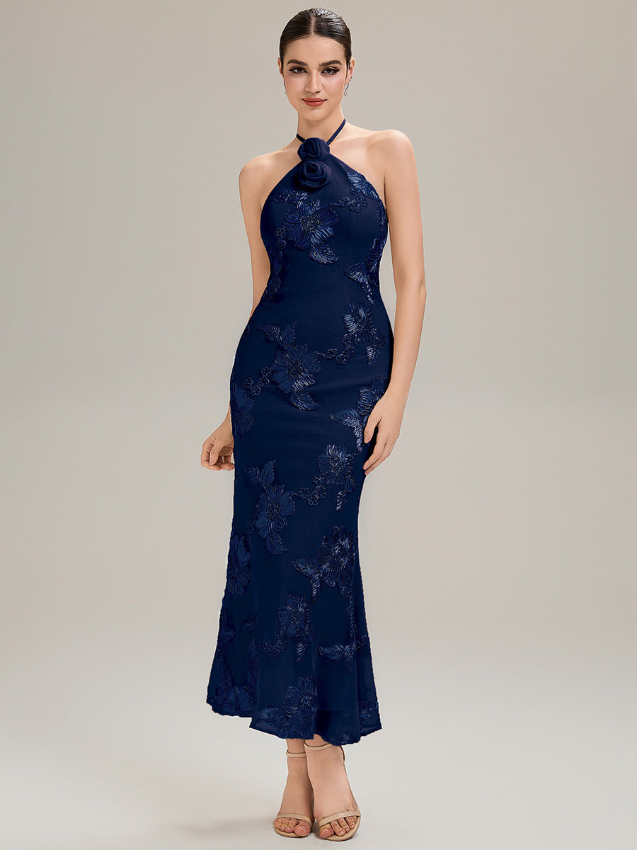 Color=Navy Blue | Custom Solutions Sleeveless Halter Neck Floral Fishtail High Stretch Evening Dresses-Navy Blue 13