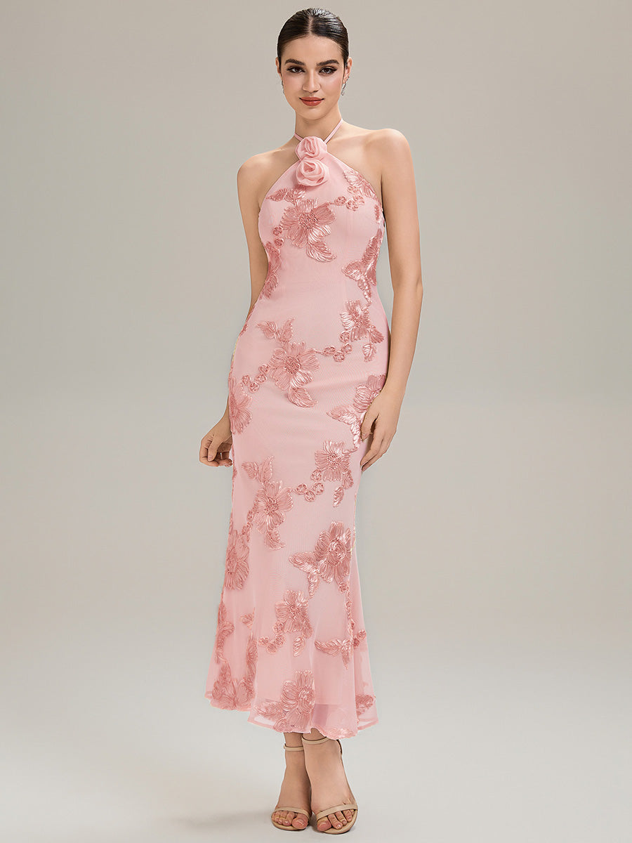 Color=Pink | Custom Solutions Sleeveless Halter Neck Floral Fishtail High Stretch Evening Dresses-Pink 16
