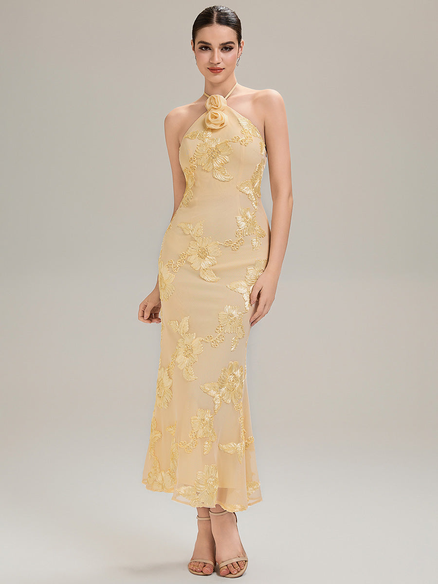 Color=Yellow | Custom Solutions Sleeveless Halter Neck Floral Fishtail High Stretch Evening Dresses-Yellow 19