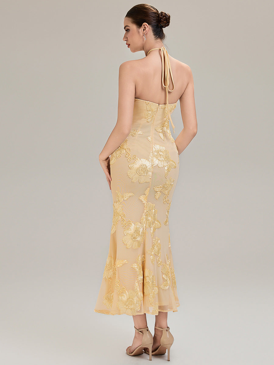 Color=Yellow | Custom Solutions Sleeveless Halter Neck Floral Fishtail High Stretch Evening Dresses-Yellow 20