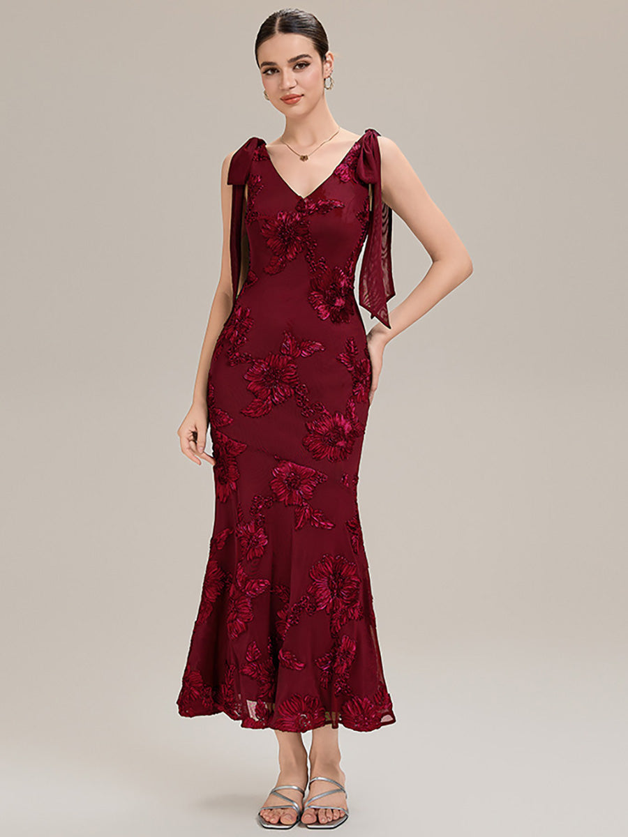 Color=Burgundy | Custom Solutions Sleeveless Strapless Fishtail Maxi Dress with Tie-Front Evening Dresses-Burgundy 1