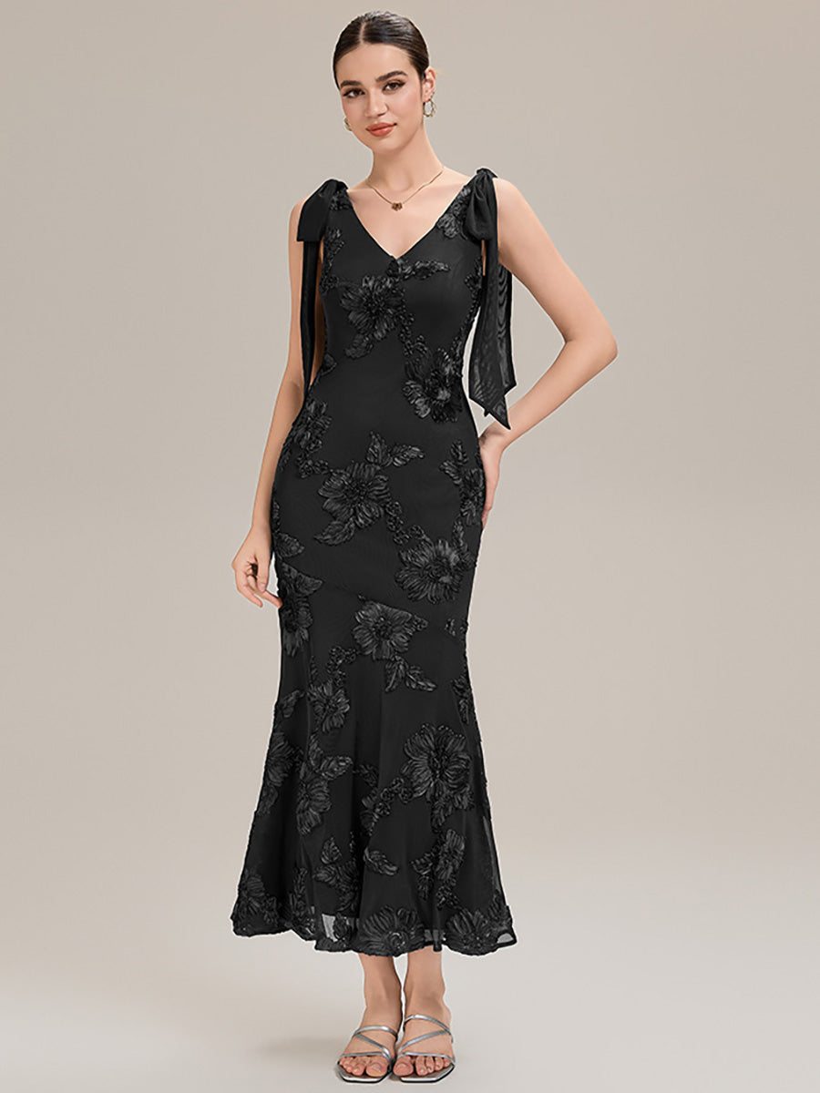 Color=Black | Custom Solutions Sleeveless Strapless Fishtail Maxi Dress with Tie-Front Evening Dresses-Black 4