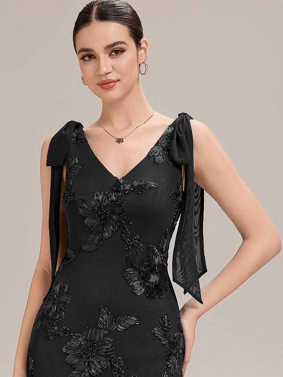 Color=Black | Custom Solutions Sleeveless Strapless Fishtail Maxi Dress with Tie-Front Evening Dresses-Black 6