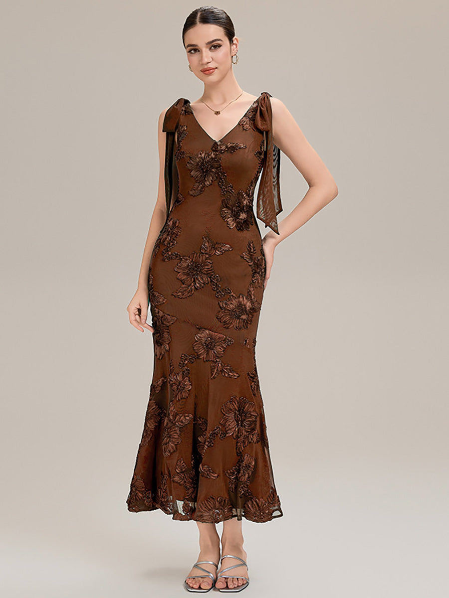 Color=Brown | Custom Solutions Sleeveless Strapless Fishtail Maxi Dress with Tie-Front Evening Dresses-Brown 7