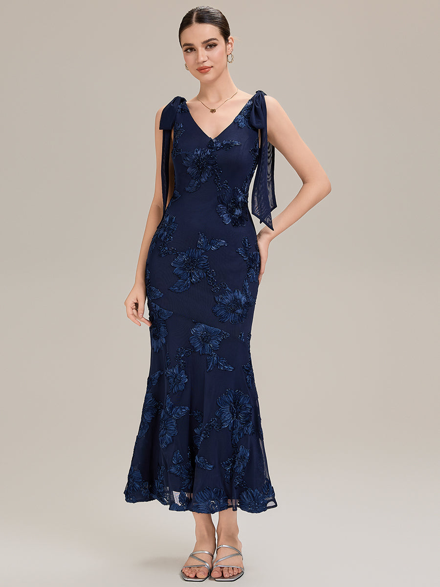 Color=Navy Blue | Custom Solutions Sleeveless Strapless Fishtail Maxi Dress with Tie-Front Evening Dresses-Navy Blue 13