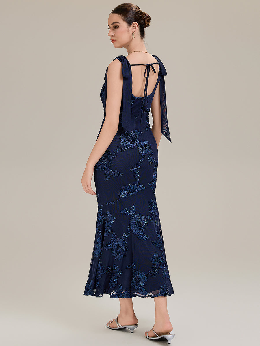 Color=Navy Blue | Custom Solutions Sleeveless Strapless Fishtail Maxi Dress with Tie-Front Evening Dresses-Navy Blue 14
