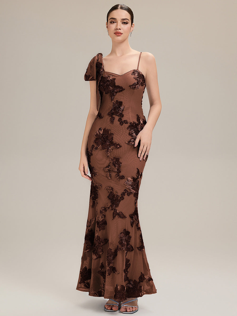 Color=Brown | Custom Made Sleeveless Floral Jacquard Cowl Neck Fishtail Floor Length Evening Dresses-Brown 7