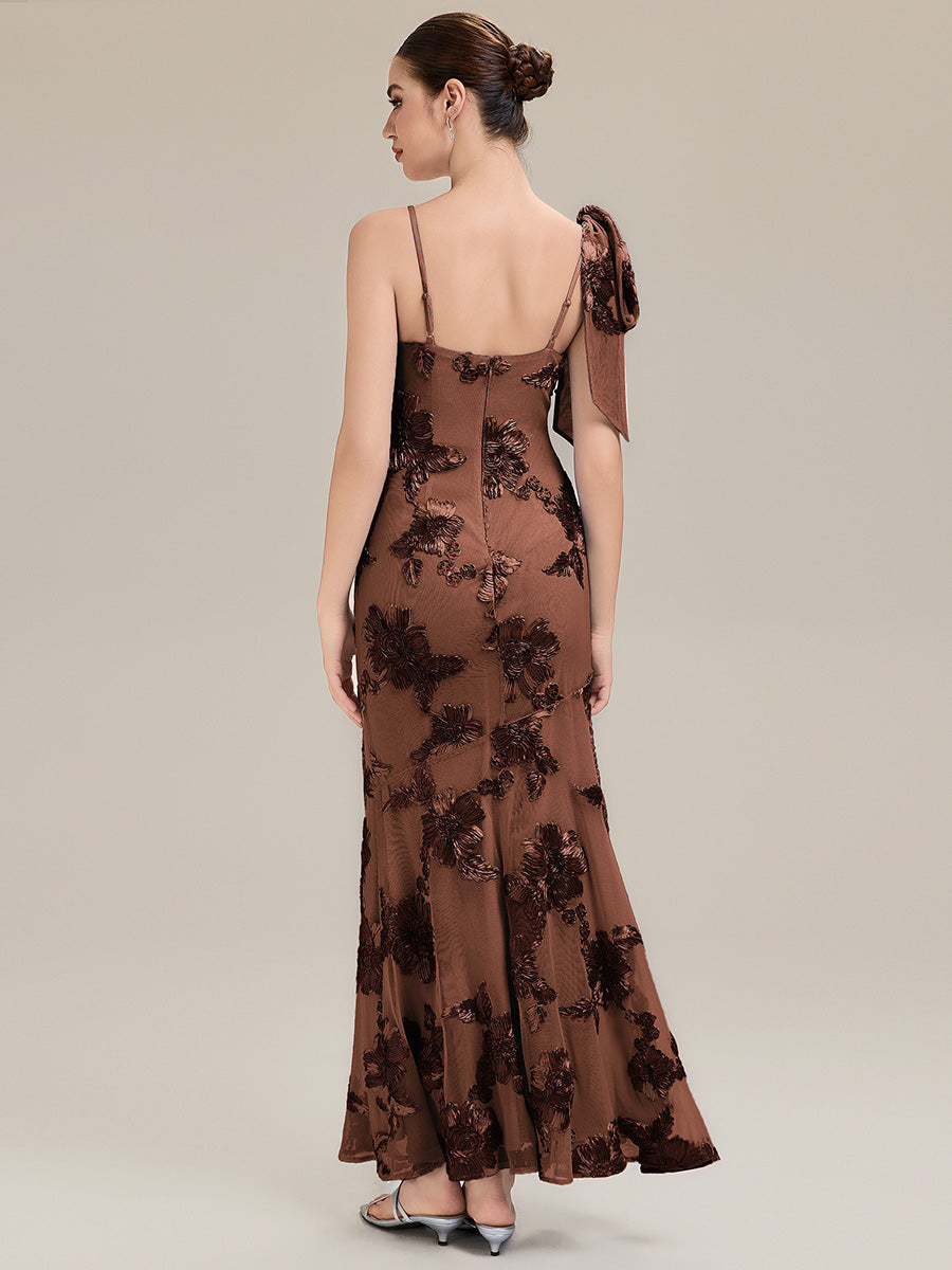 Color=Brown | Custom Made Sleeveless Floral Jacquard Cowl Neck Fishtail Floor Length Evening Dresses-Brown 8