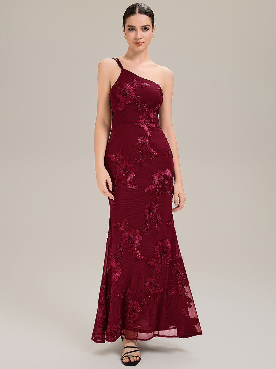 Color=Burgundy | Custom Made Sleeveless Asymmetrical Floral Fishtail High Stretch Evening Dresses-Burgundy 1