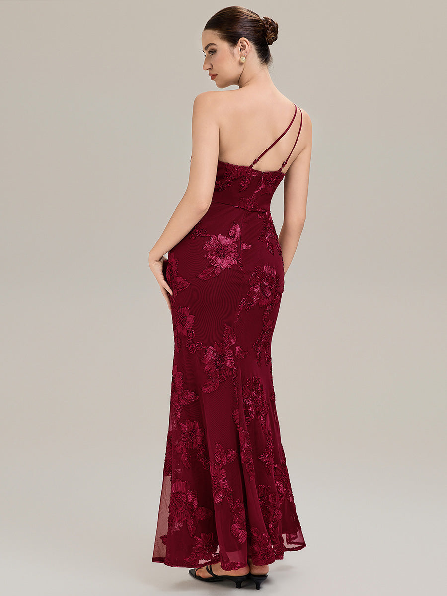 Color=Burgundy | Custom Made Sleeveless Asymmetrical Floral Fishtail High Stretch Evening Dresses-Burgundy 2