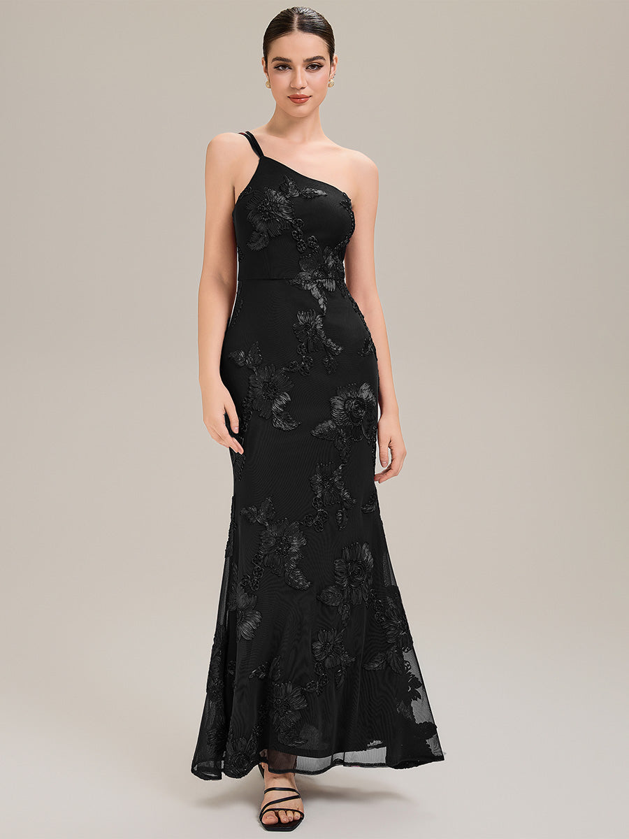 Color=Black | Custom Made Sleeveless Asymmetrical Floral Fishtail High Stretch Evening Dresses-Black 6