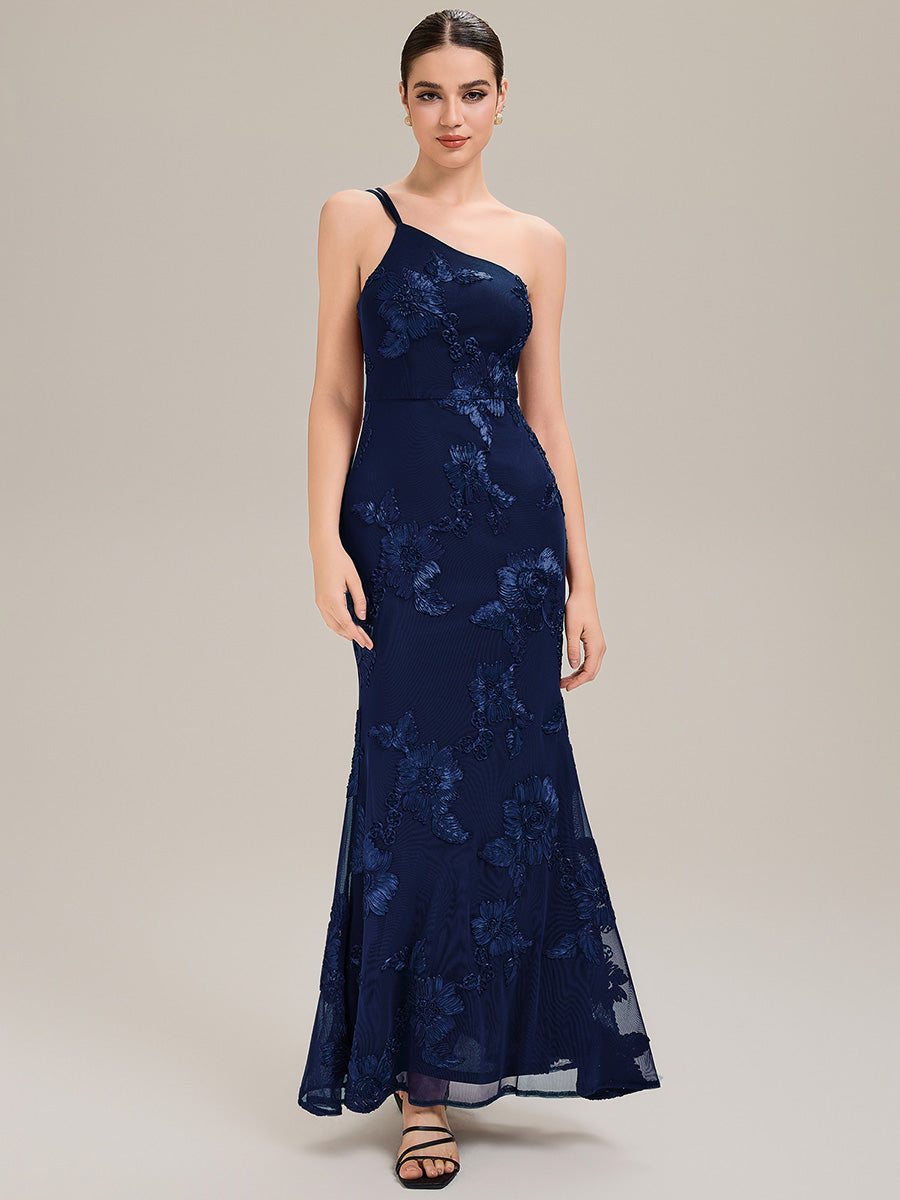Color=Navy Blue | Custom Made Sleeveless Asymmetrical Floral Fishtail High Stretch Evening Dresses-Navy Blue 15