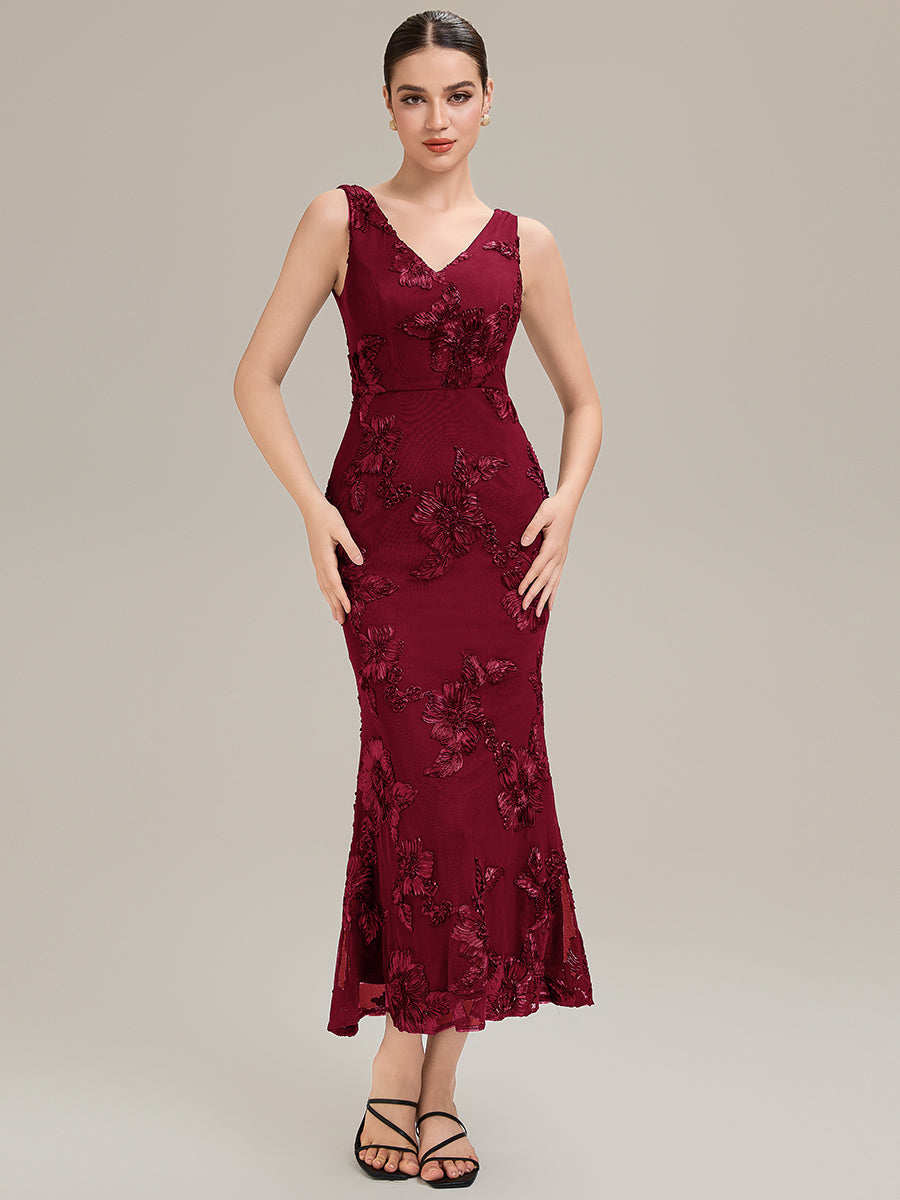 Color=Burgundy | Custom Made Sleeveless Deep V-Neck Fishtail High Stretch Midi Evening Dresses-Burgundy 1
