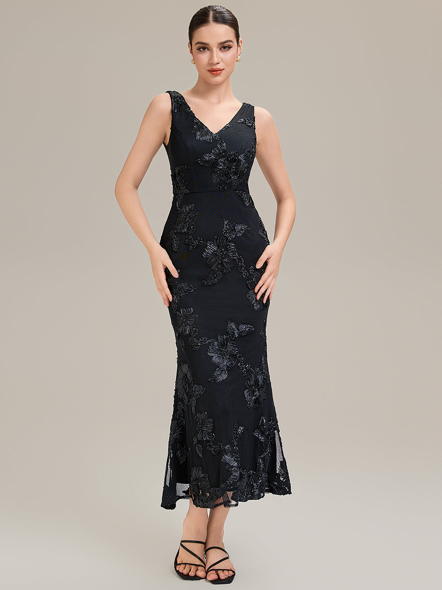 Color=Black | Custom Made Sleeveless Deep V-Neck Fishtail High Stretch Midi Evening Dresses-Black 4