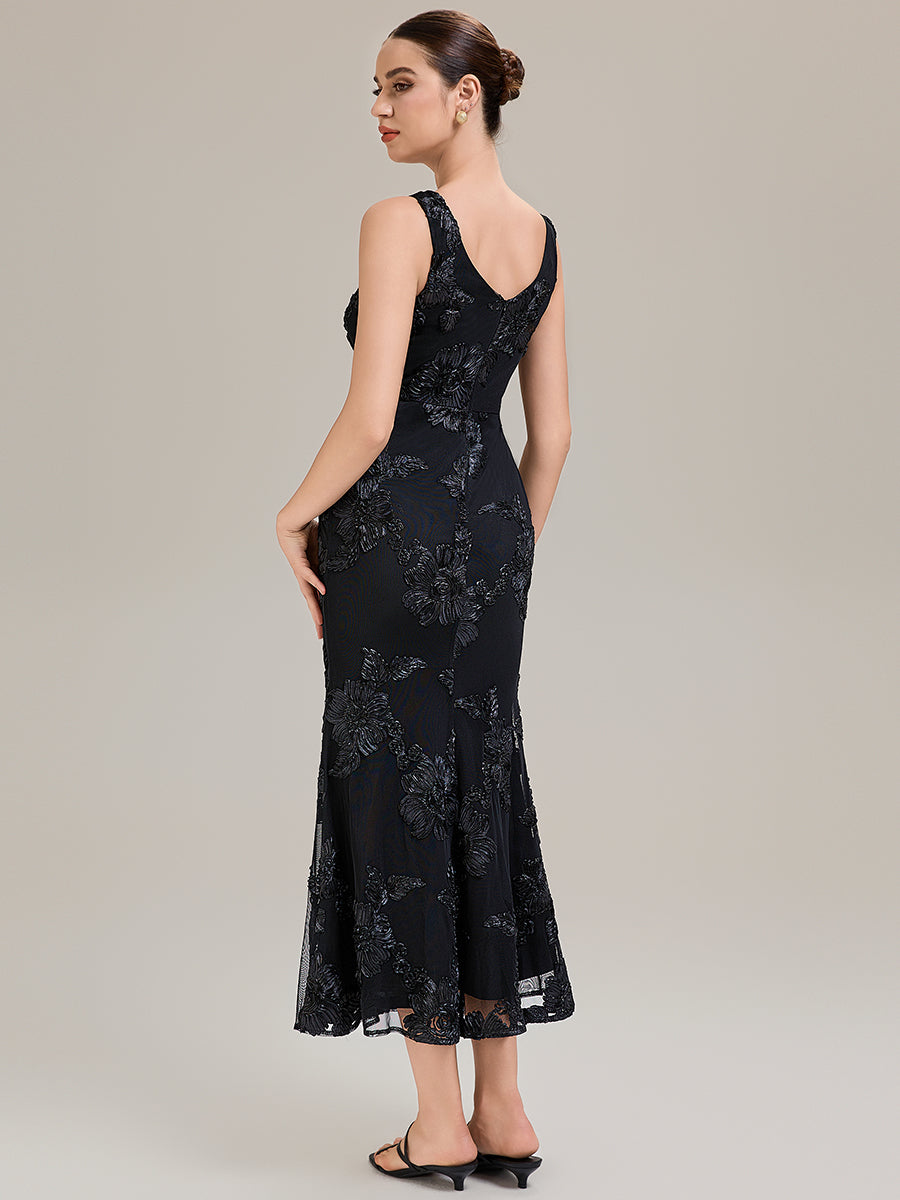 Color=Black | Custom Made Sleeveless Deep V-Neck Fishtail High Stretch Midi Evening Dresses-Black 5