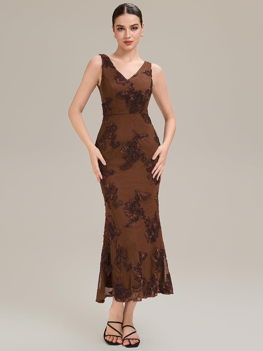 Color=Brown | Custom Made Sleeveless Deep V-Neck Fishtail High Stretch Midi Evening Dresses-Brown 9