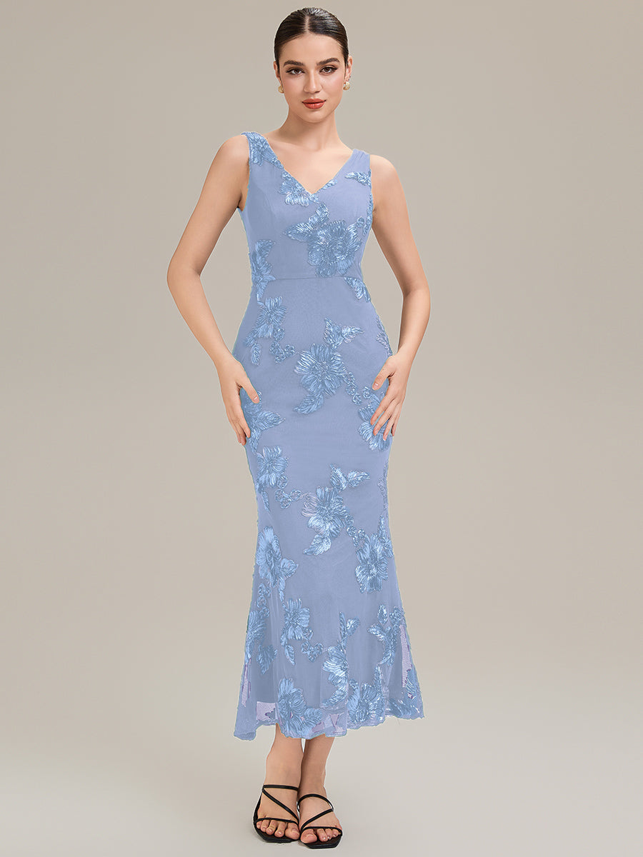 Color=Ice Blue | Custom Made Sleeveless Deep V-Neck Fishtail High Stretch Midi Evening Dresses-Ice Blue 12