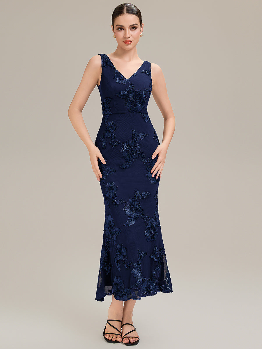Color=Navy Blue | Custom Made Sleeveless Deep V-Neck Fishtail High Stretch Midi Evening Dresses-Navy Blue 15