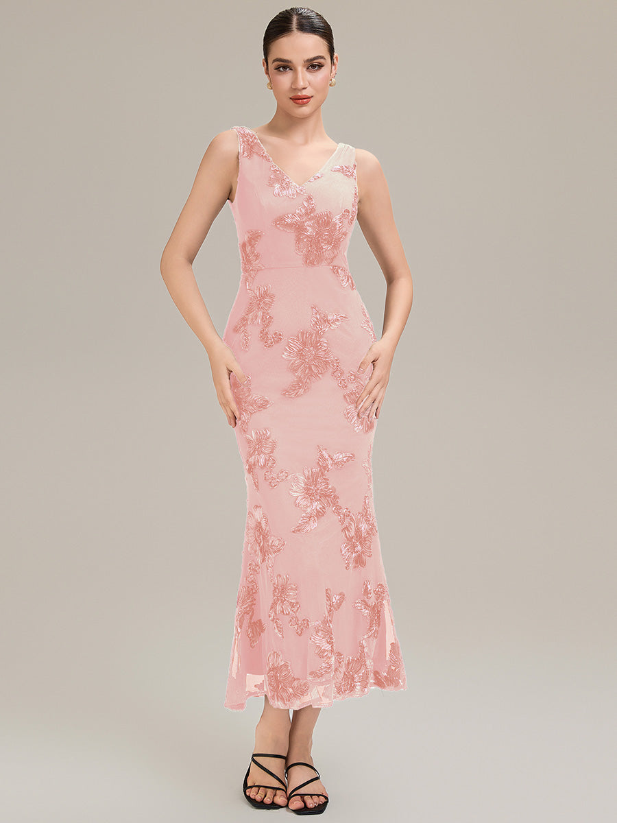 Color=Pink | Custom Made Sleeveless Deep V-Neck Fishtail High Stretch Midi Evening Dresses-Pink 18