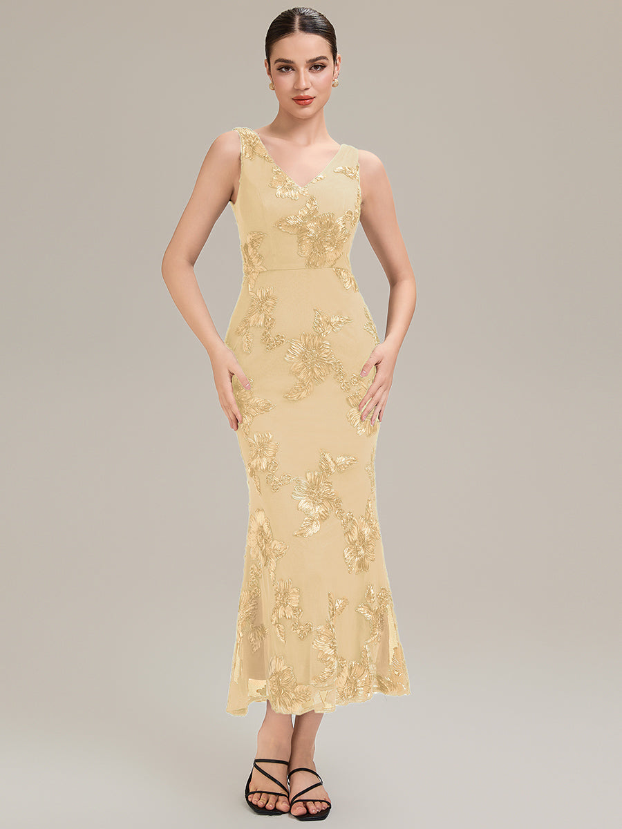 Color=Yellow | Custom Made Sleeveless Deep V-Neck Fishtail High Stretch Midi Evening Dresses-Yellow 21