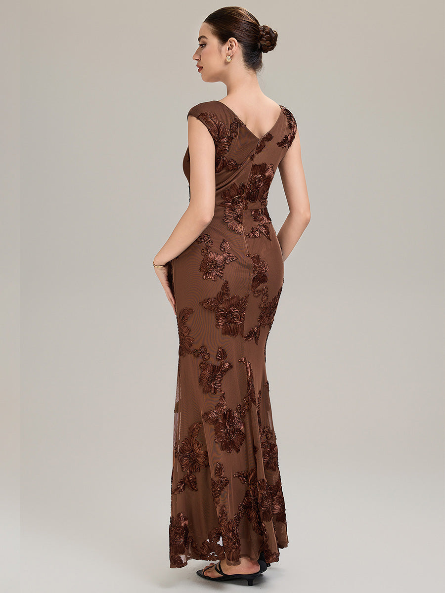 Color=Brown | Custom Made Slightly Stretchy Strapless Asymmetrical Fishtail Midi Evening Dresses-Brown 2