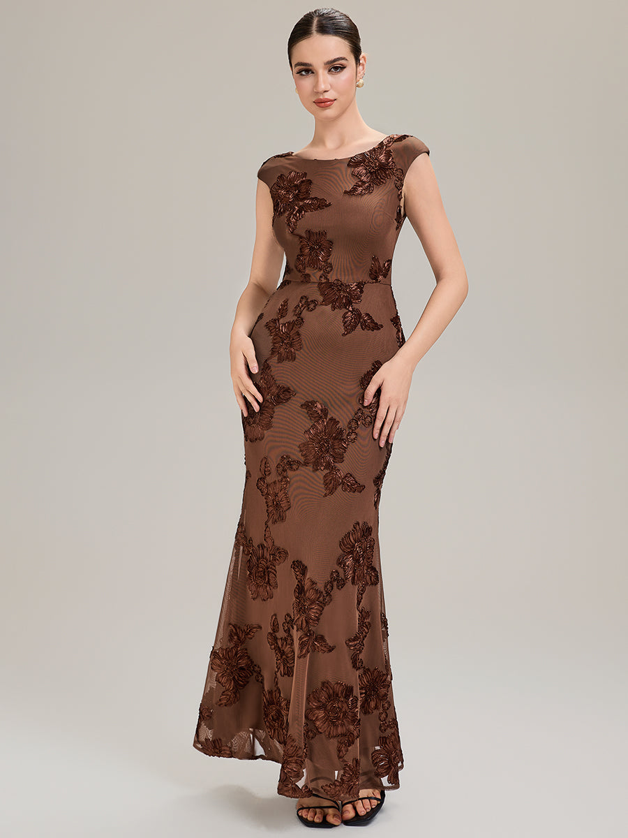 Color=Brown | Custom Made Slightly Stretchy Strapless Asymmetrical Fishtail Midi Evening Dresses-Brown 1
