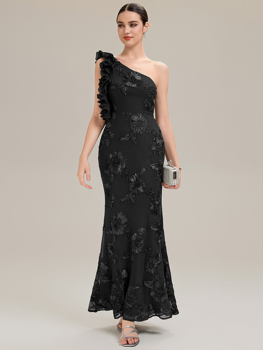 Color=Black | Custom Made One Shoulder Sleeveless Floral Jacquard Fishtail Evening Dresses-Black 4