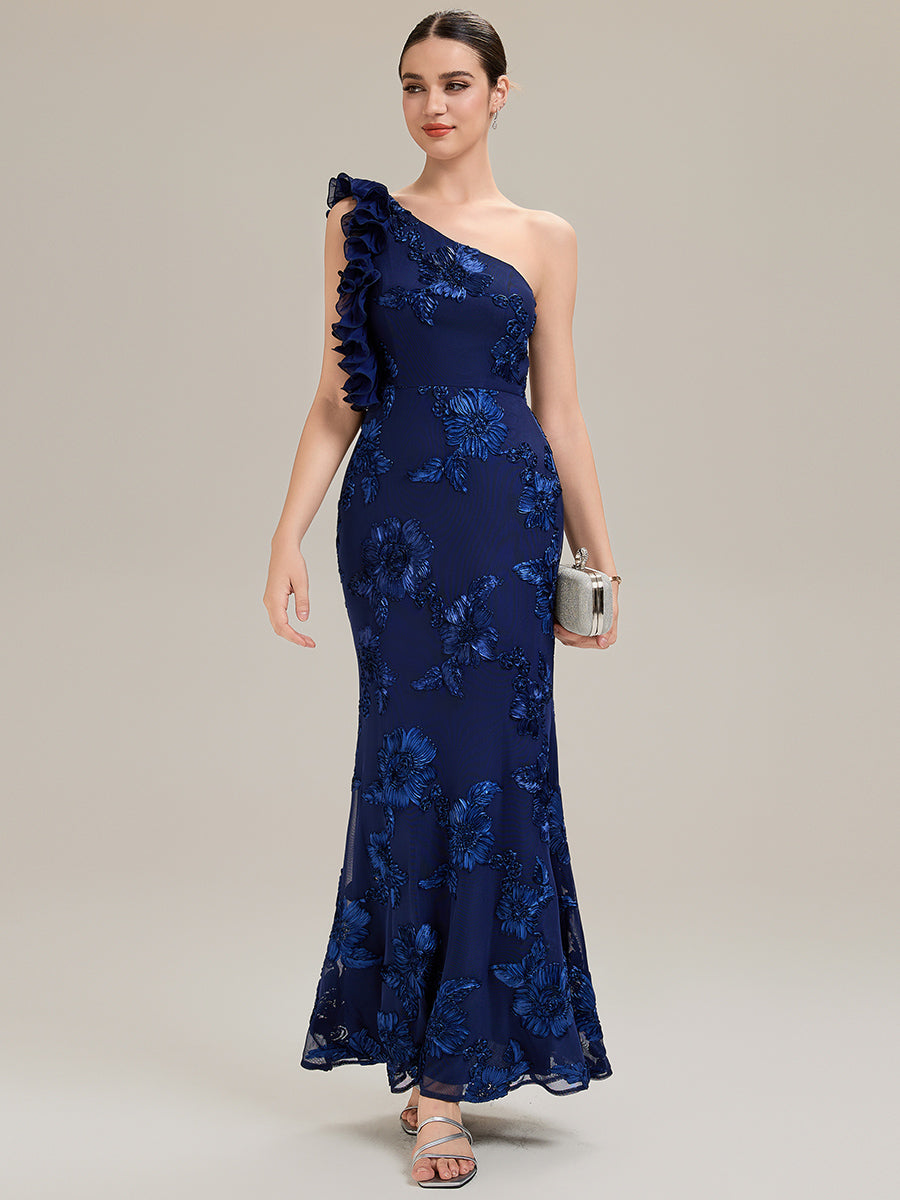 Color=Navy Blue | Custom Made One Shoulder Sleeveless Floral Jacquard Fishtail Evening Dresses-Navy Blue 13