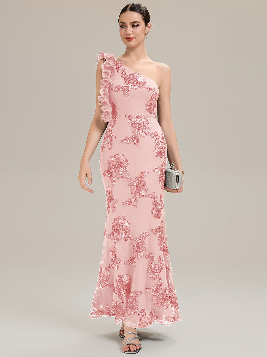 Color=Pink | Custom Made One Shoulder Sleeveless Floral Jacquard Fishtail Evening Dresses-Pink 18