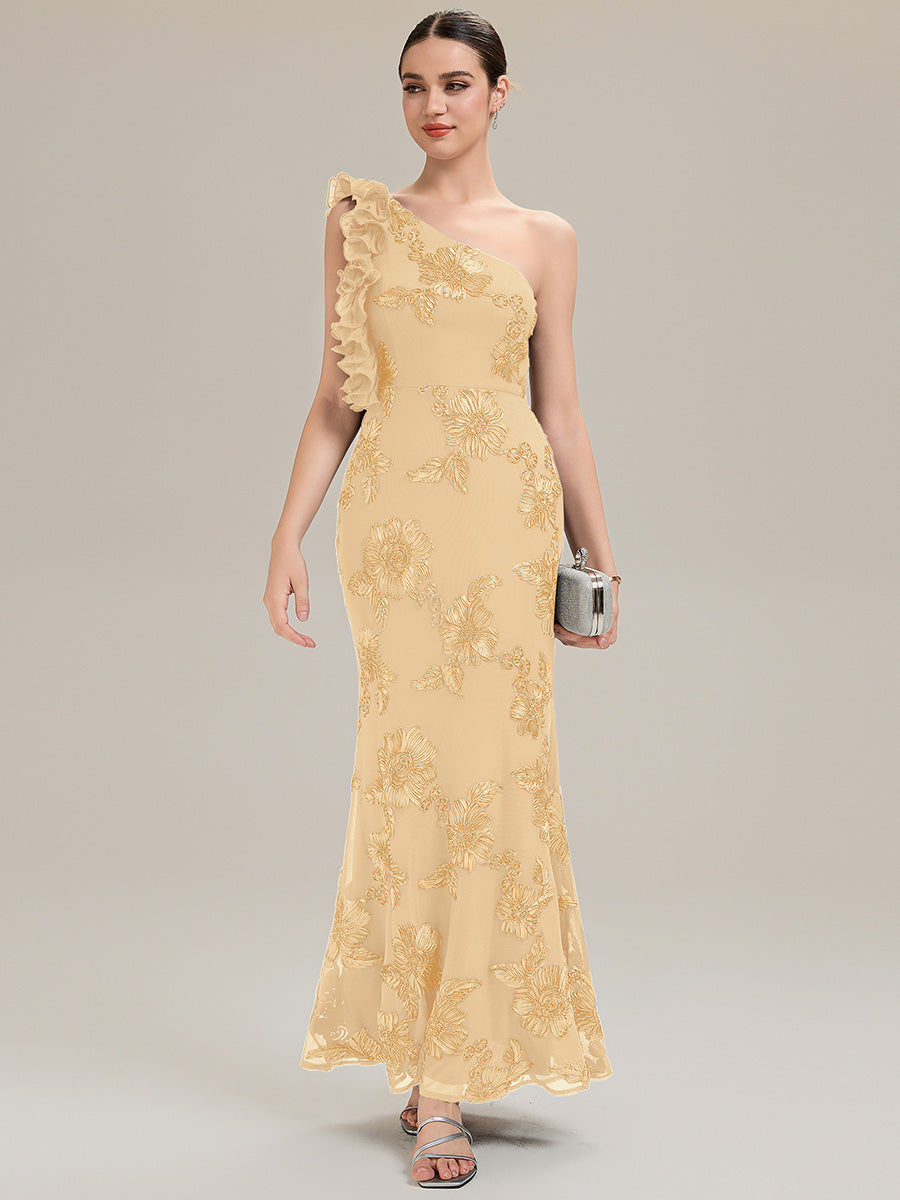 Color=Yellow | Custom Made One Shoulder Sleeveless Floral Jacquard Fishtail Evening Dresses-Yellow 21
