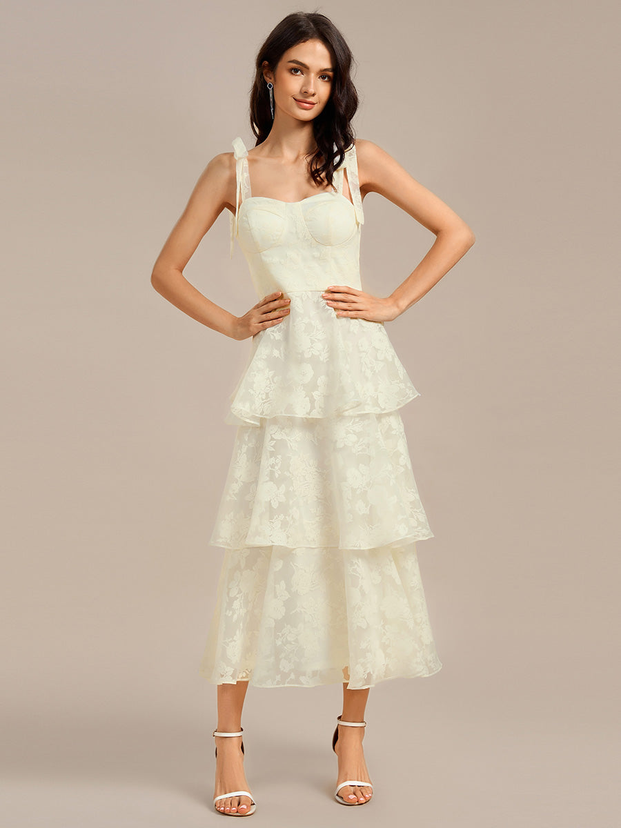 Bow Straps Floral Lace Tiered Wedding Guest Dresses  #color_Yellow