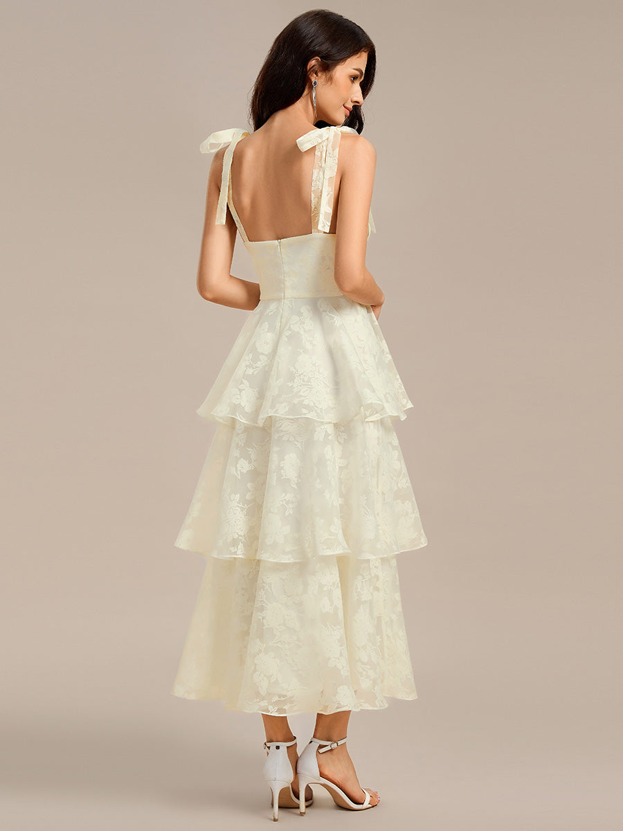 Bow Straps Floral Lace Tiered Wedding Guest Dresses  #color_Yellow