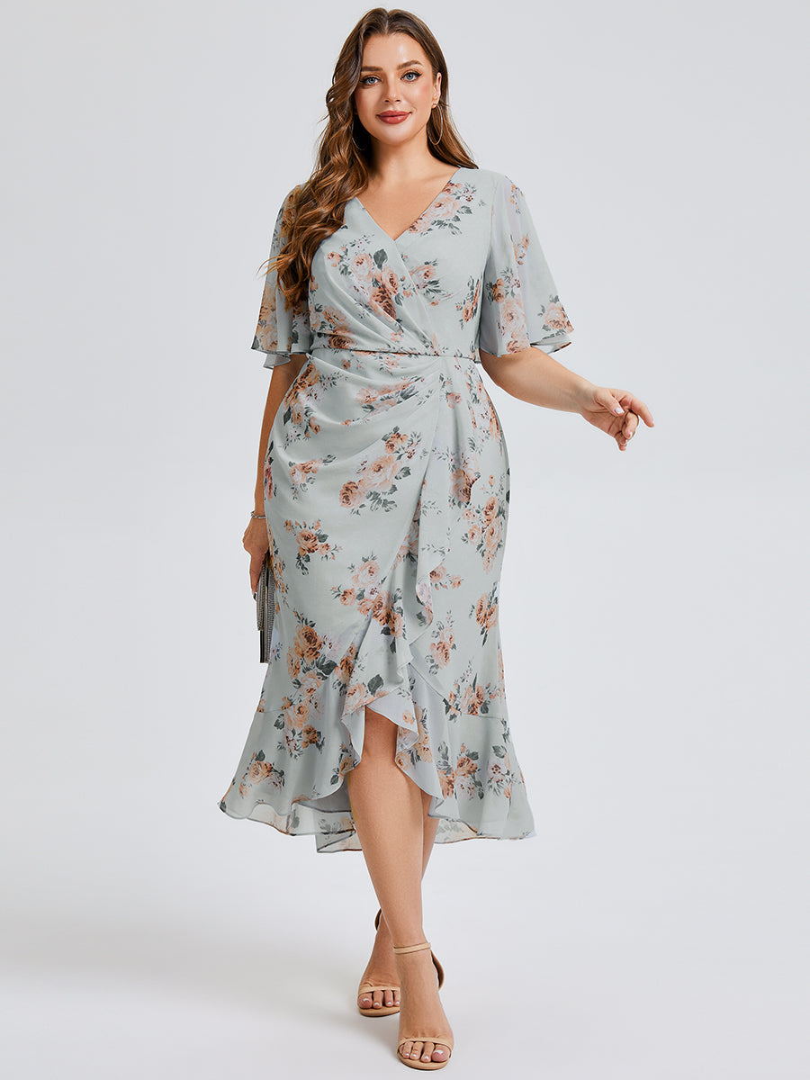 Color=Amber Bloom | Custom Solutions Plus Size Short Sleeve Ruffle Deep V-Neck Fishtail High-Low Wedding Guest Dresses-Amber Bloom 1