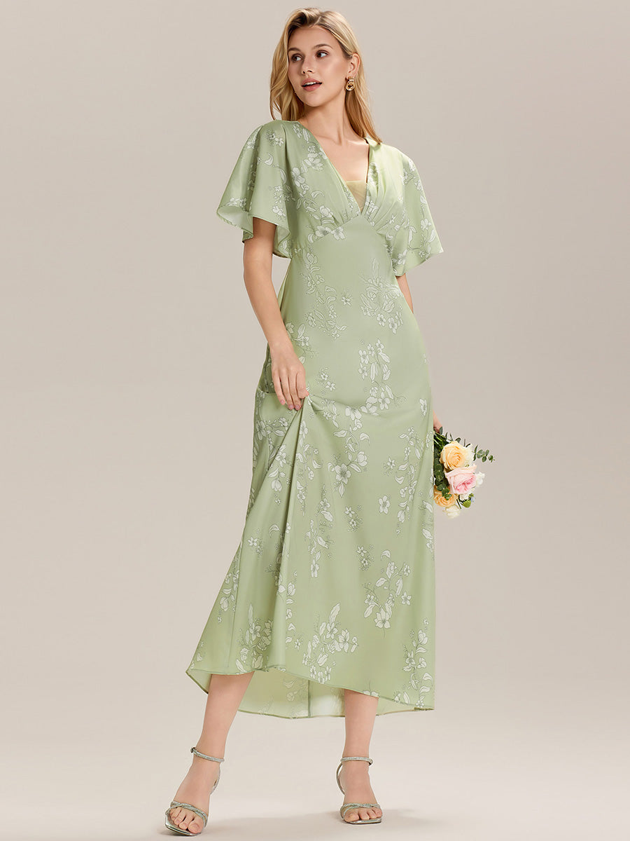 Color=Vintage Primrose Celadon | Custom Solutions Short Sleeves Floral Deep V-Neck Sheath Maxi Wedding Guest Dresses-Vintage Primrose Celadon 4