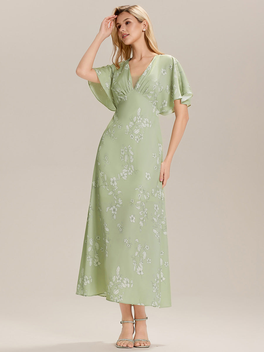 Color=Vintage Primrose Celadon | Custom Solutions Short Sleeves Floral Deep V-Neck Sheath Maxi Wedding Guest Dresses-Vintage Primrose Celadon 1