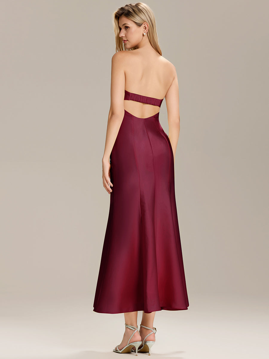 Color=Burgundy | Custom Solutions Strapless Fishtail High Stretch Maxi Wedding Guest Dress-Burgundy 2