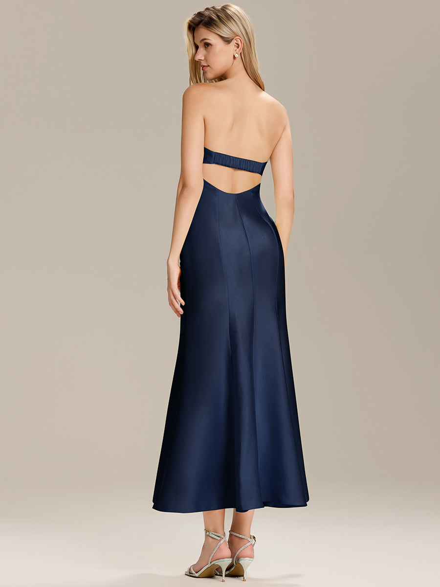 Color=Navy Blue | Custom Solutions Strapless Fishtail High Stretch Maxi Wedding Guest Dress-Navy Blue 8