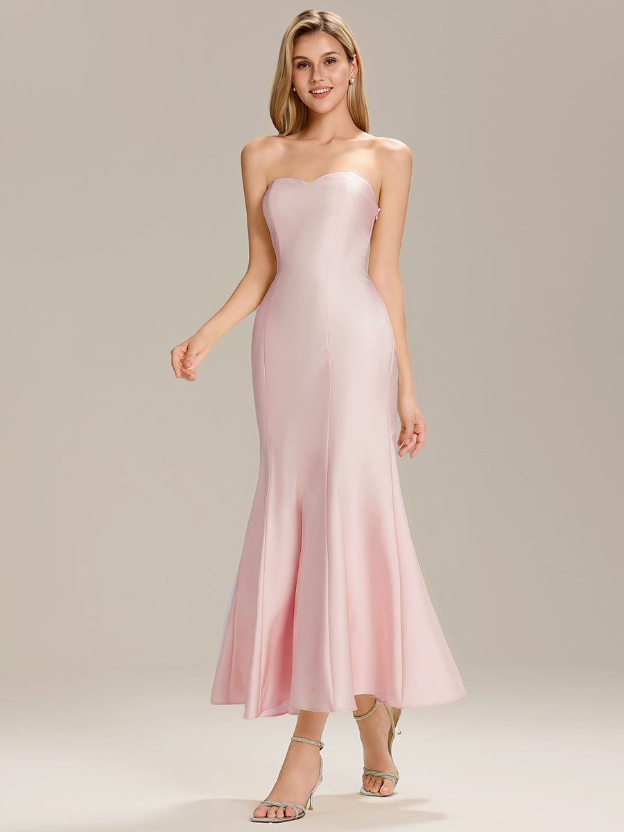 Color=Pink | Custom Solutions Strapless Fishtail High Stretch Maxi Wedding Guest Dress-Pink 9