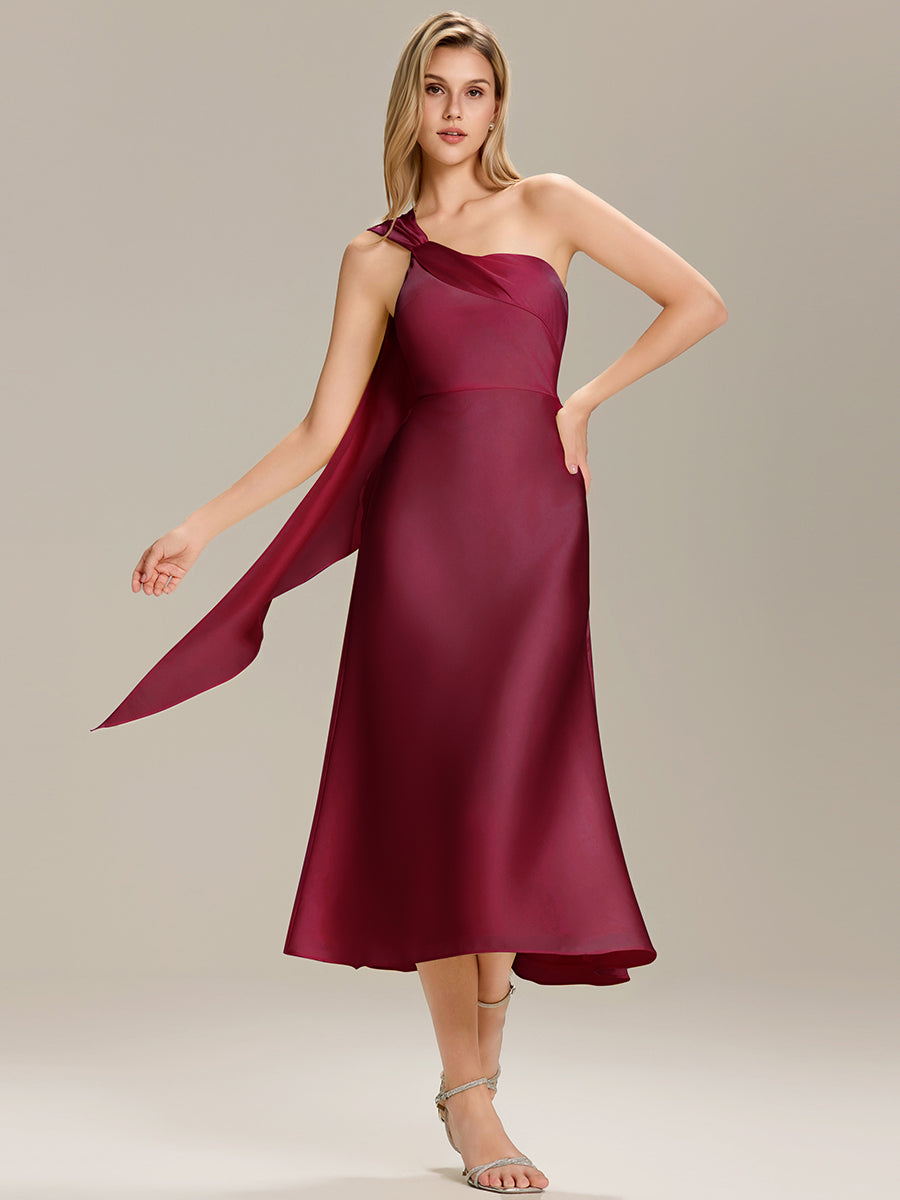 Color=Burgundy | Custom Solutions One Shoulder Gathered Non-Stretch Midi Wrap Wedding Guest Dresses-Burgundy 1